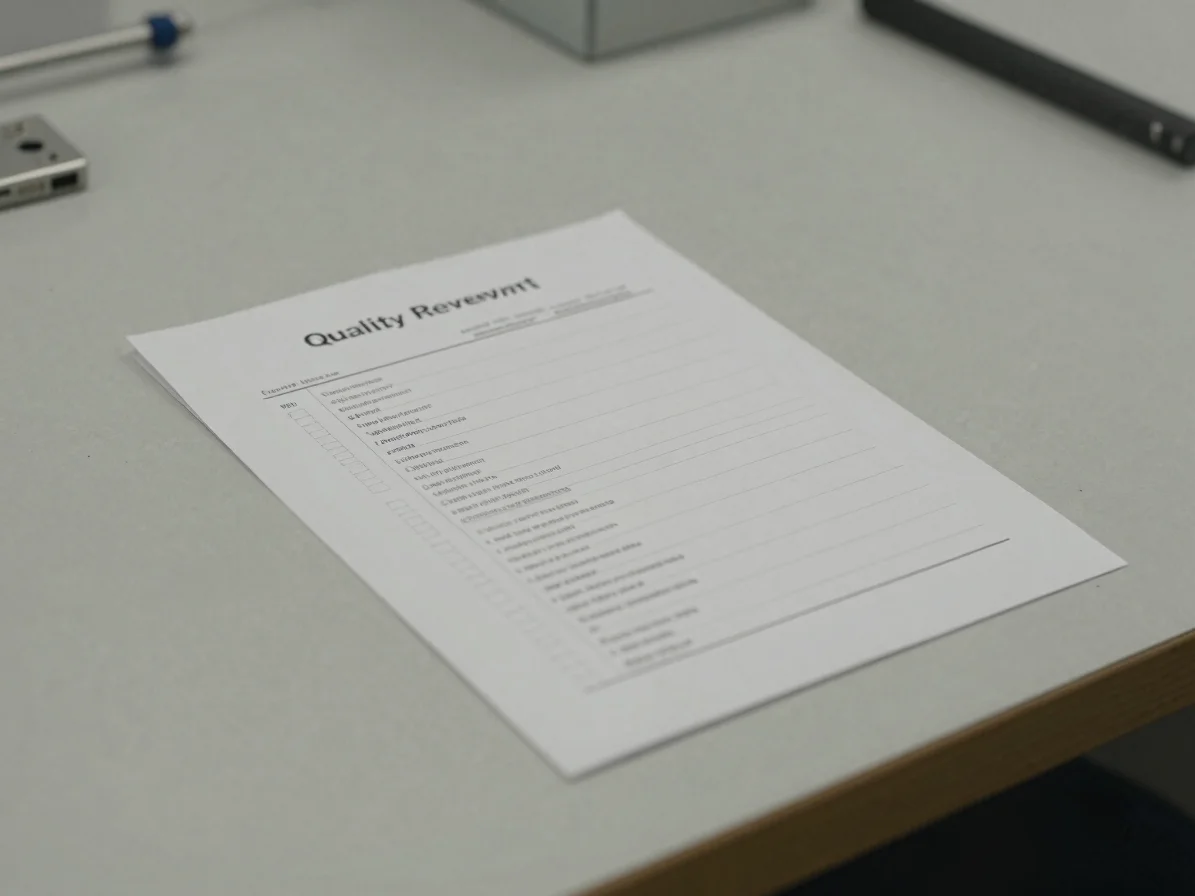 Documentary photograph of a quality review checklist beside a fin