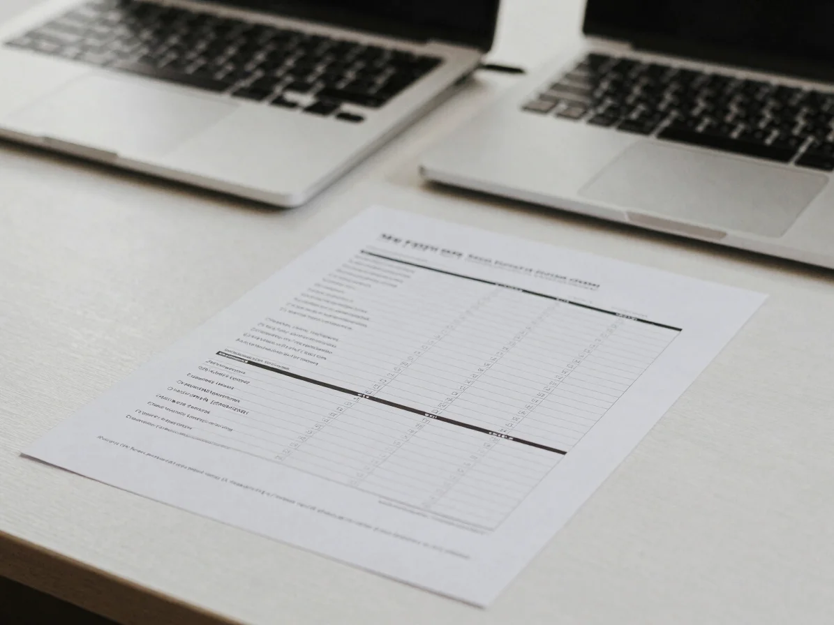 Clean editorial photograph of a printed status report on a desk b