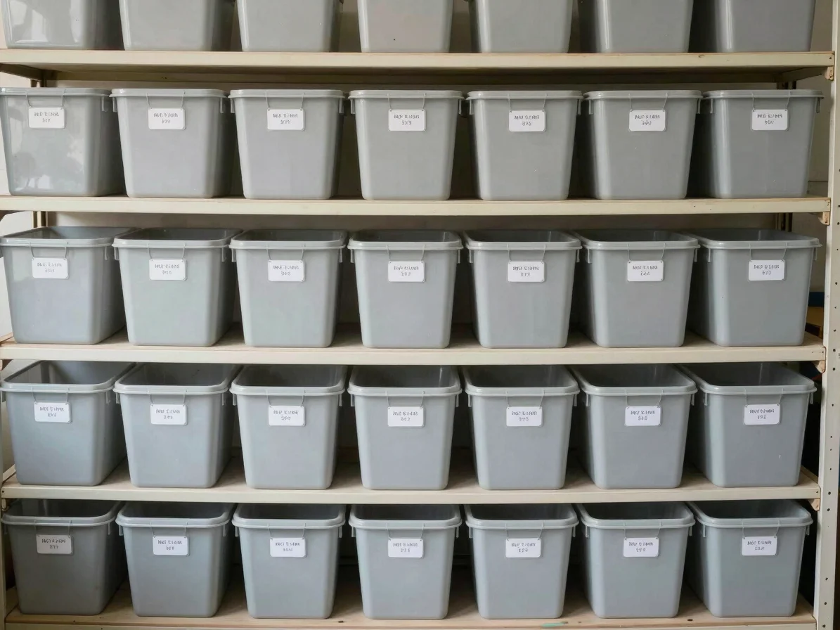 Documentary photograph of an organised shelf of labelled storage