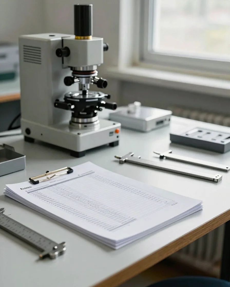 Clean editorial documentary photograph of a precision workspace w